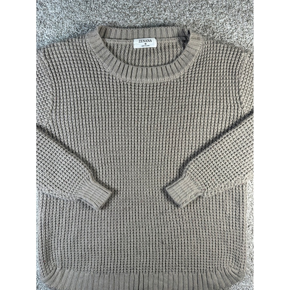 Zenana Waffle Knit Sweater Taupe Brown Crew Neck High Low Pullover TW-3416C5 M